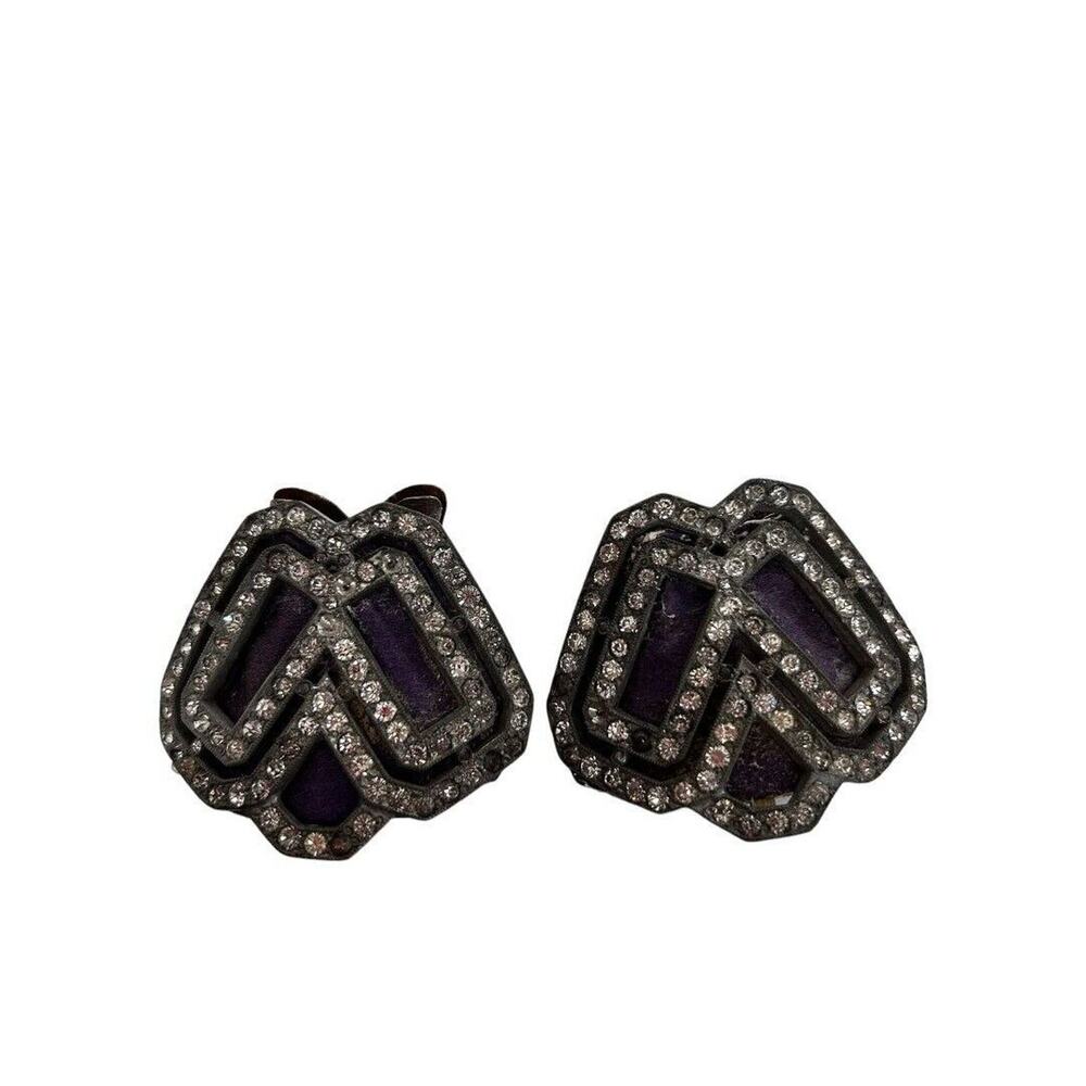 Vintage Shoe Clips Silvertone Rhinestones Purple Velvet 2" Signed
